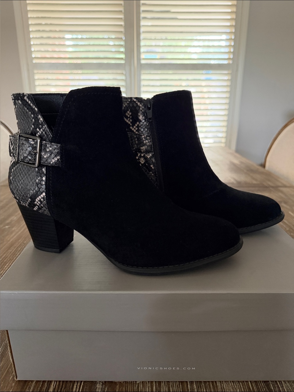 Vionic Black Suede Ankle Boots with Snake-Print Heel Accent